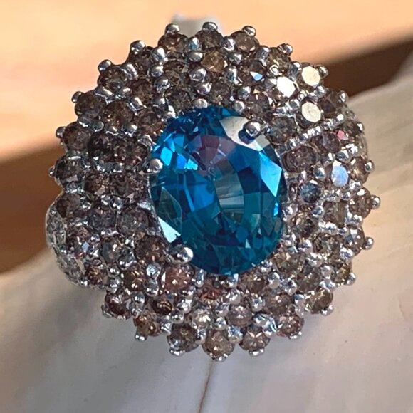 3.25 ct London Blue Topaz 2.15 ctw Diamond Huge 14K Gold Ring Sz 7 New Old Stock - Picture 8 of 9